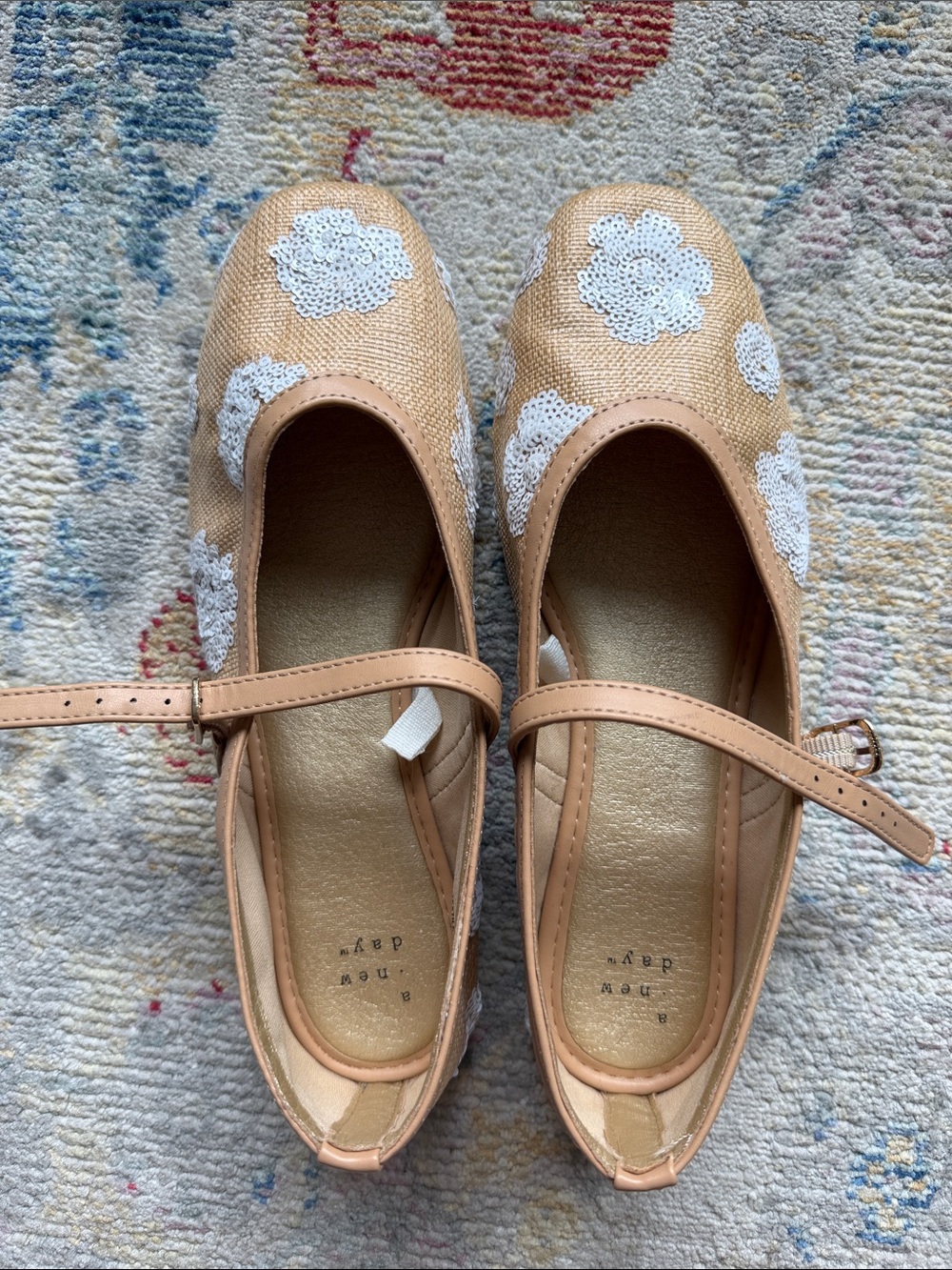 a new day Beige Mary Jane Flats with White Floral Appliqué